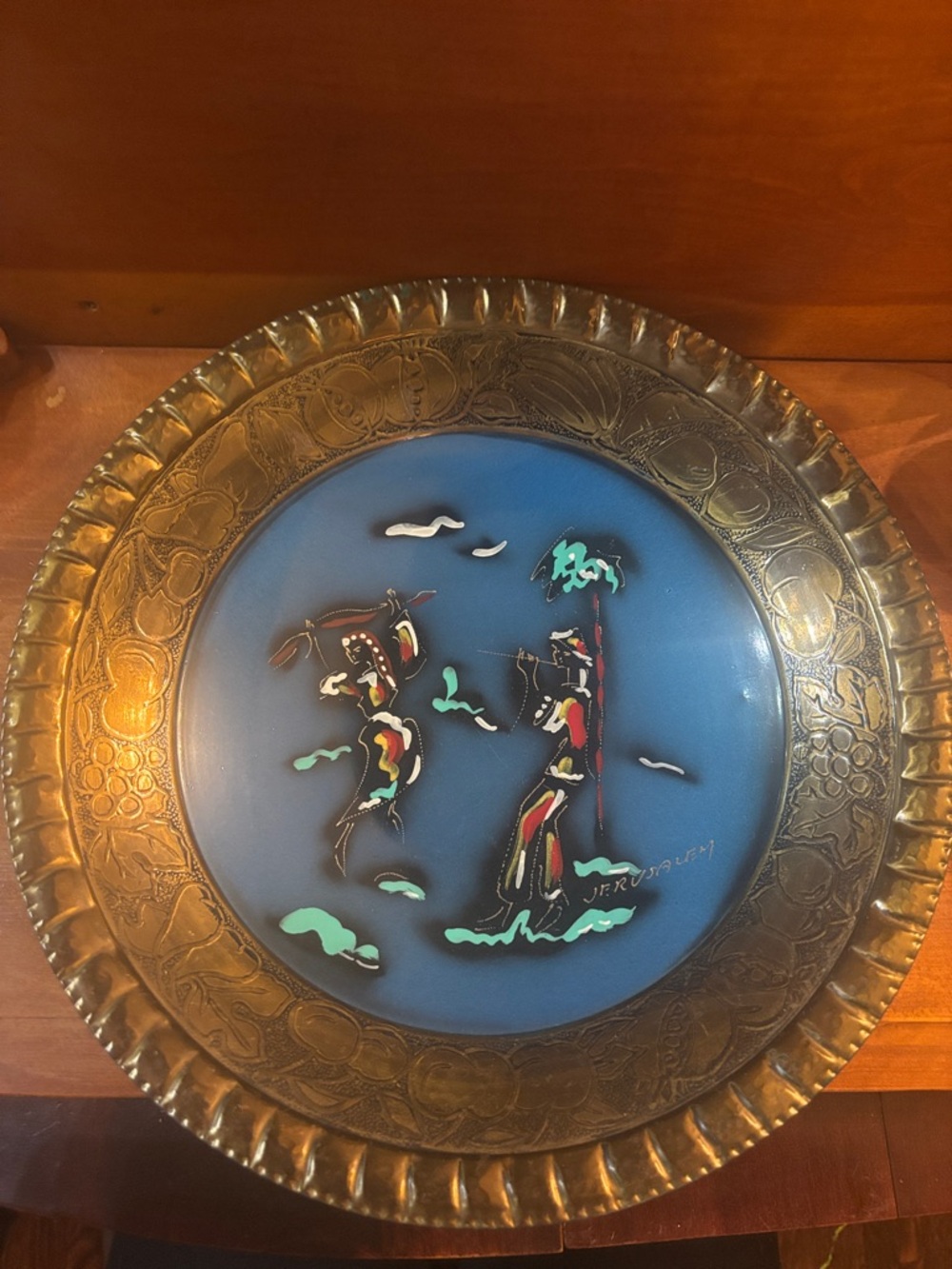 Hand-Painted Blue and Gold Brass/Copper Enamel Decorative Wall Plate